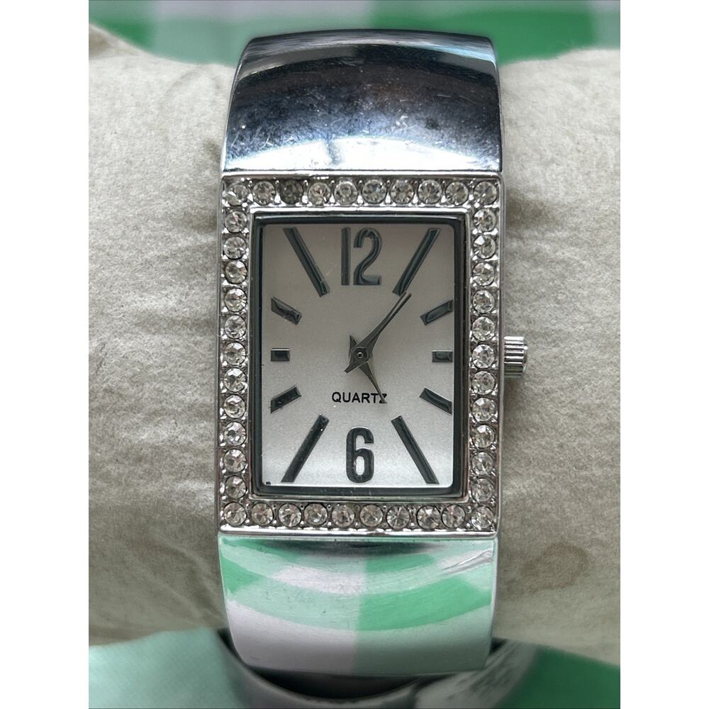 Chicos Silver Tone Rhinestone Bezel Women’s Cuff Watch